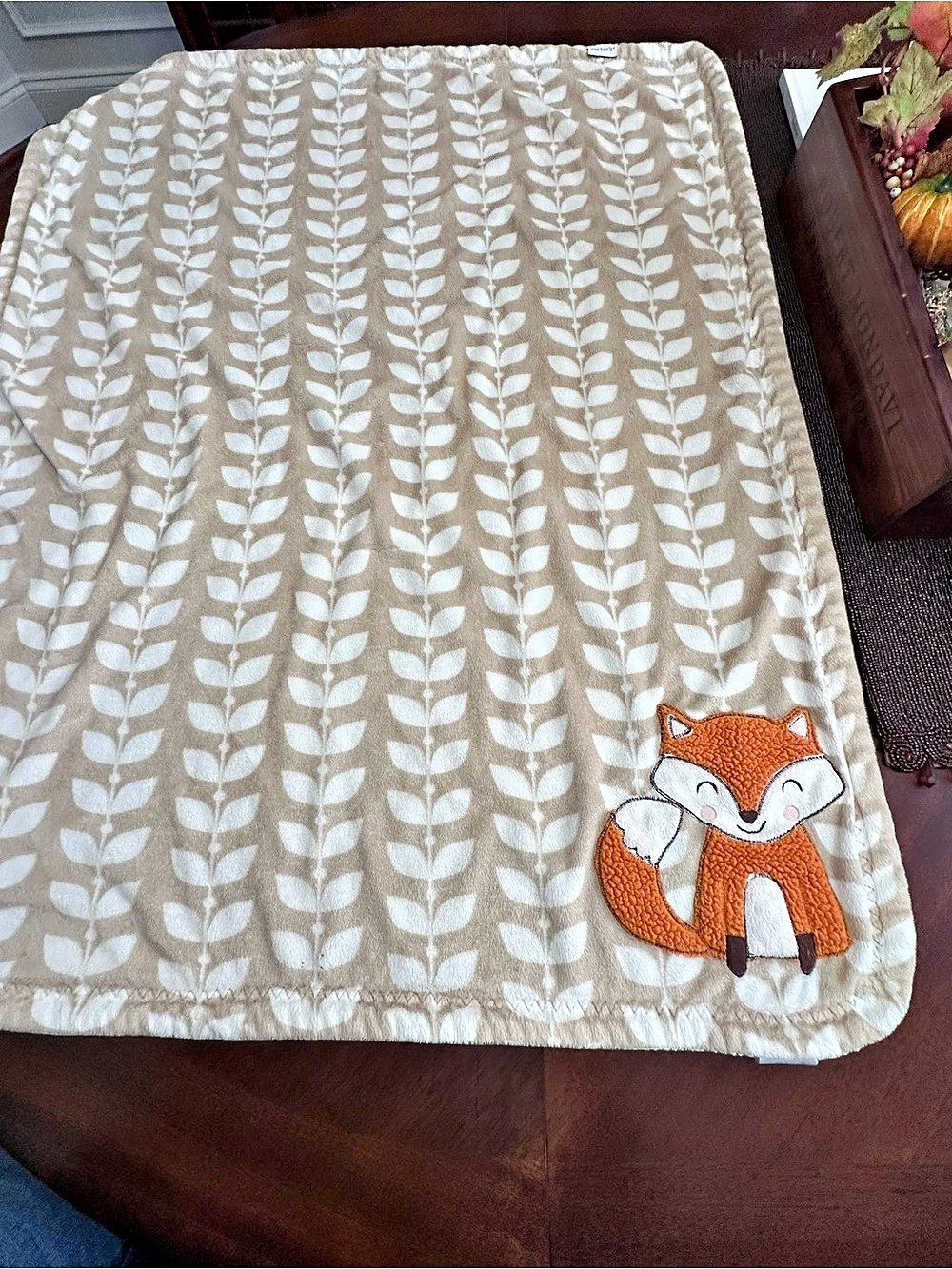 Carter's Fox and Leaf Tan Beige Woodland Animal Baby Blanket
